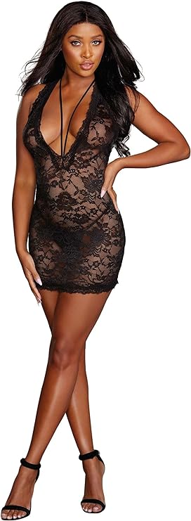 Dreamgirl  Stretch Lace Chemise With Scalloped Edge Lace & Plunging Strappy Neckline Black Hangin