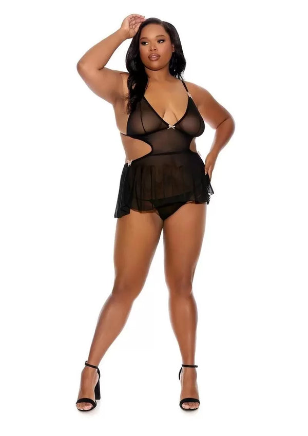 Barely Bare Tie-Back Baby Doll Teddy and Thong – Plus Size – Black