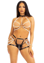 Leg Avenue Faux Pearl Multi Strand Halter Harness with O-Ring Detail and Convertible Vegan Leather Butt Harness (2 Piece) – Black/White