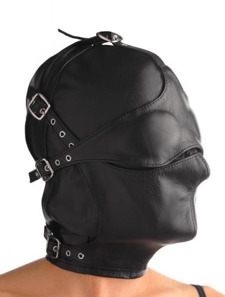 Asylum Leather Hood With Removable Blindfold And Muzzle- Sm