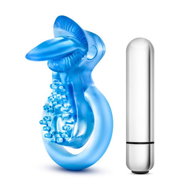 Stay Hard 10 Function Vibrating Tongue Cock Ring Waterproof Blue