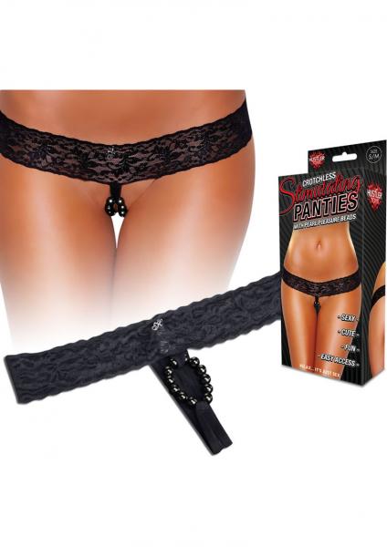 Hustler Crotchless Stimulating Thong With Pearl Pleasure Beads Black S/M