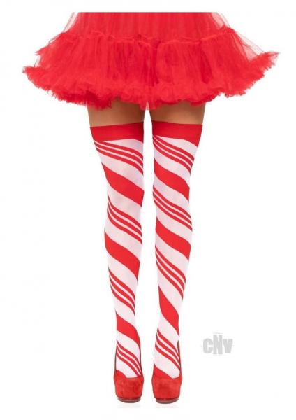 Spandex Candy Cane Thigh High Os Red/wht