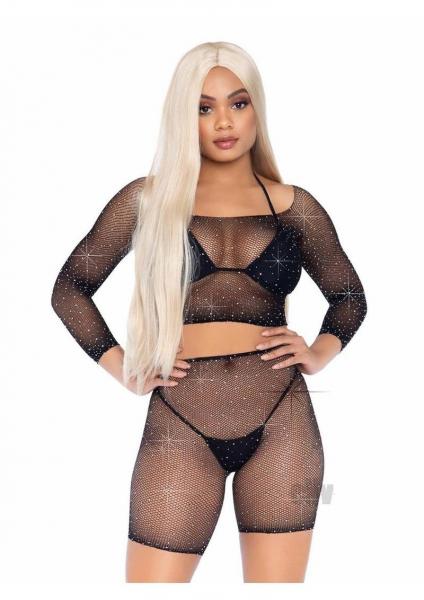 Rhinestone Fishnet Top/shorts Os 2pc Blk