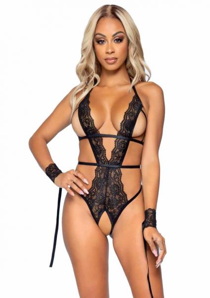 Cage Strap Crotchless Teddy S/m 2pc Blk