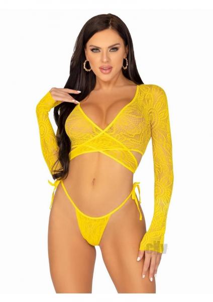 Daisy Lace Wrap-Around Crop Top and Side Tie Panty – OS – Yellow