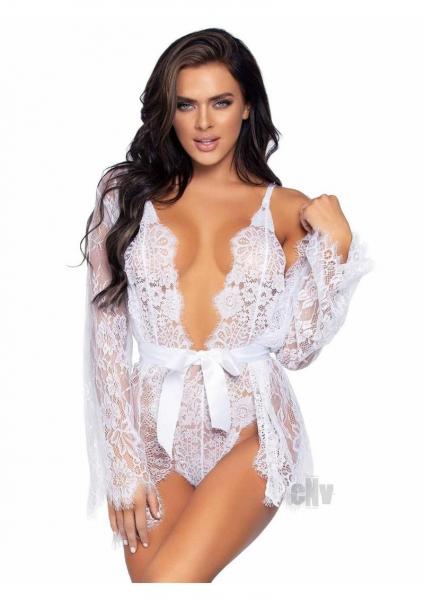 Floral Lace Teddy Thong Robe Tie Md Wht