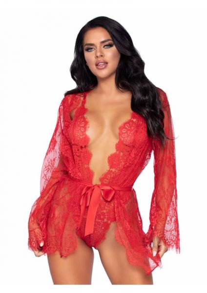 Floral Lace Teddy Thong Robe Tie Sm Red