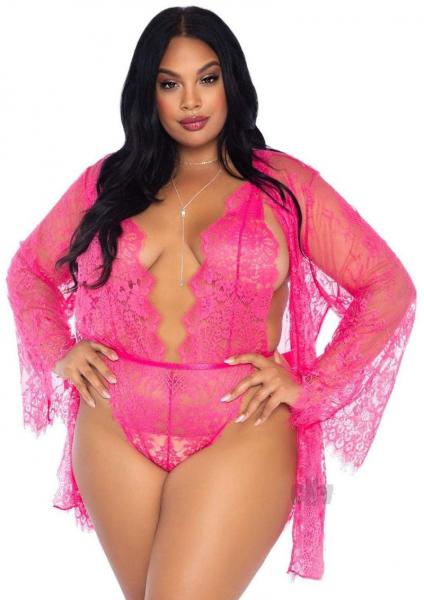 Floral Teddy Thong Robe 3pc 1x-2x Pink