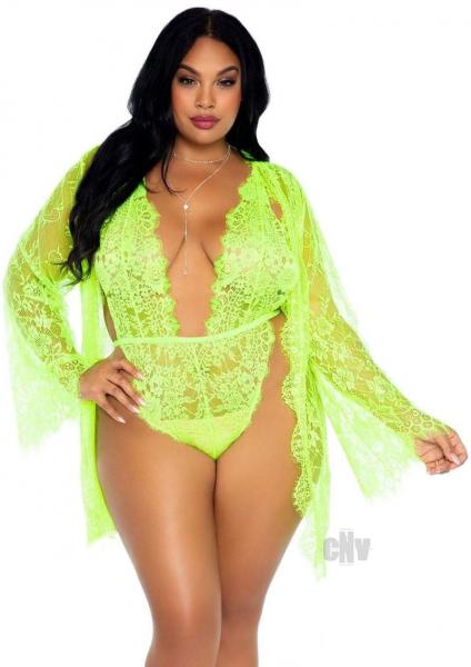 Floral Teddy Thong Robe 3pc 1x-2x Lime