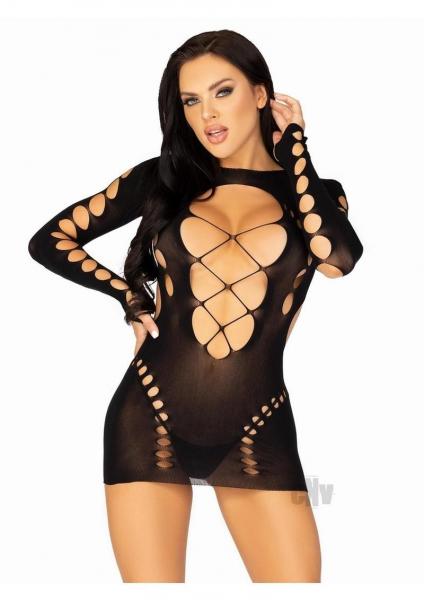 Seamless Cut Long Sleev Mini Lace Os Blk