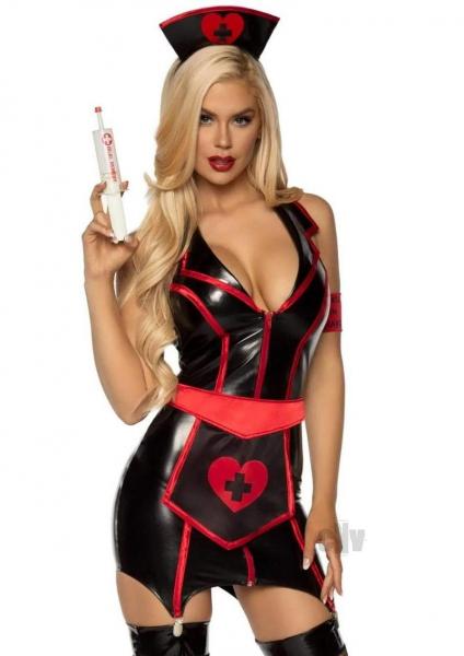 Naughty Nurse Wet Look 4pc Md Blk/red