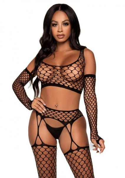 Net Crop Top Stockings Gloves 3pc Os Blk