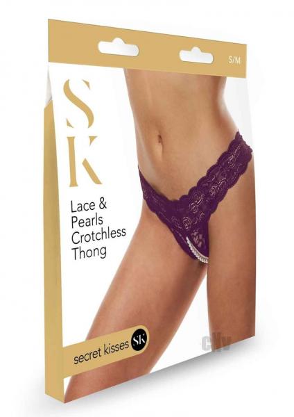 Sk Lace And Pearl Crotchless Thong Pur S/m