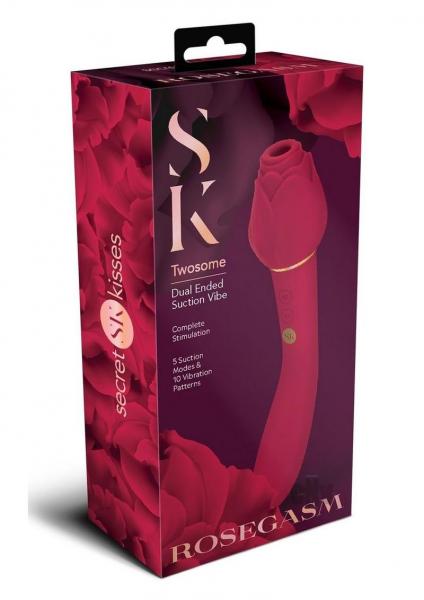 Secret Kisses Rosegasm Twosome Rechargeable Silicone Dual End Vibrator with Clitoral Stimulator – Red