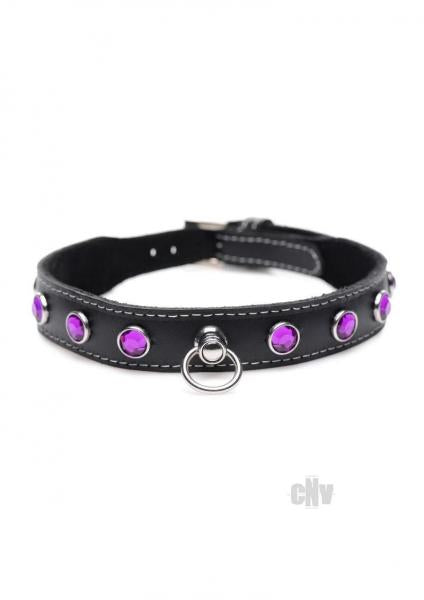 Ms Leather Collar W/rhinestone Purple