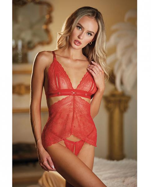 Allure Lace Peek A Boo Chemise & Ouverte G-string Red O/s