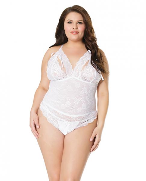 Stretch & Scallop Lace Crotchless Teddy White Os/xl