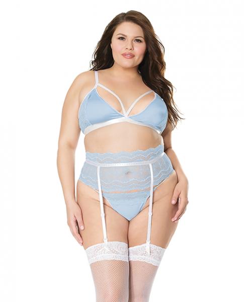 Scallop Stretch Lace Bra, Garter Belt & G-string Light Blue/white 2x