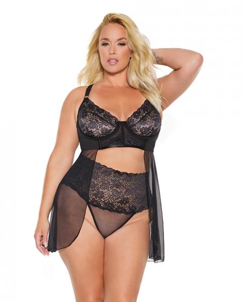 Scallop Stretch Lace & Sheer Mesh Babydoll & High Waist Thong Black