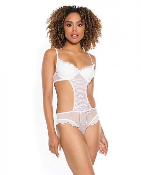 Stretch Mesh Ruffled Crotchless Teddy White Sm