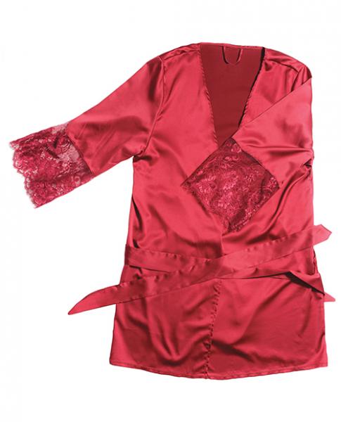 Stretch Satin Robe Lace Details Sleeves Red O/S