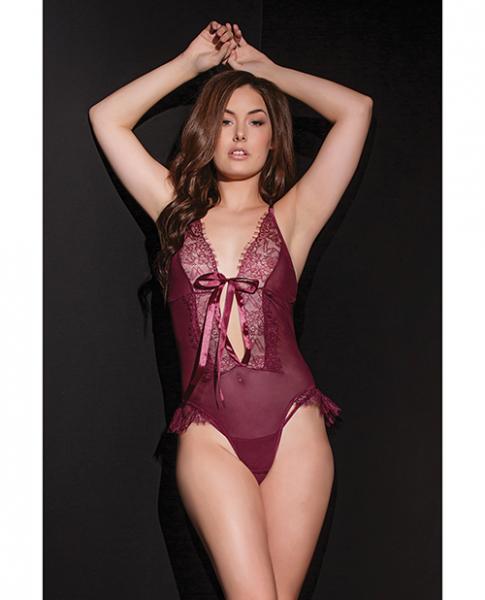 Bold Mesh & Fine Lace Crotchless Teddy Merlot O/s