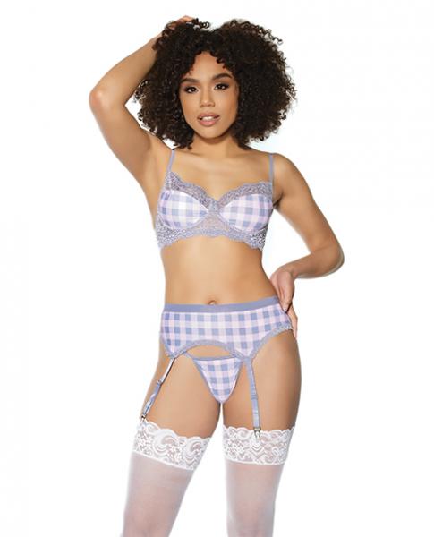 Crystal Pink Buffalo Check Print, Bra, Garter Belt & String Grey/pink Lg