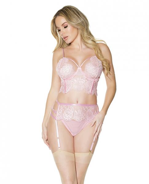 Crystal Pink Longline Bra, Garter Belt & Panty Pink Lg