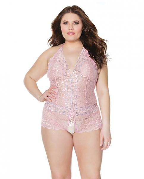 Crystal Pink Halter Crotchless Teddy Pink/silver Os/xl