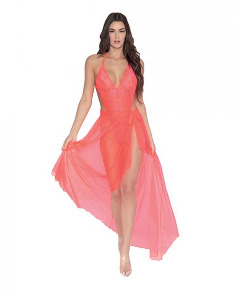 Simply Sexy Stretch Lace Teddy & Sheer Mesh Maxi Skirt W/adjustable Straps & G-string Coral Xl