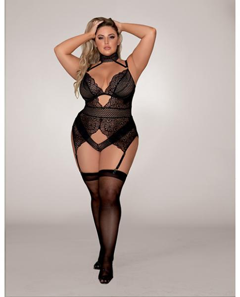 Scalloped Stretch Lace, Snap Crotch Gartered Teddy Black 2x