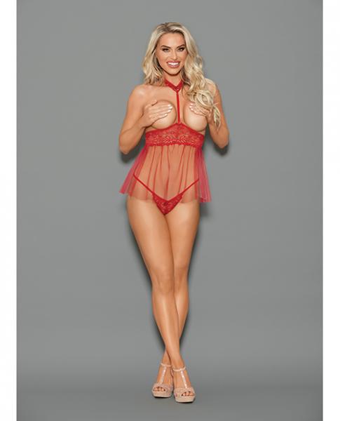 Euphoria Open Top Choker Attached Babydoll W/open Crotch Panty Red O/s