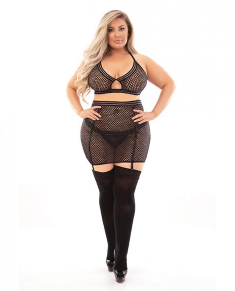 Bold Fetish Fishnet Bra, Skirtini & Hose Black 1x