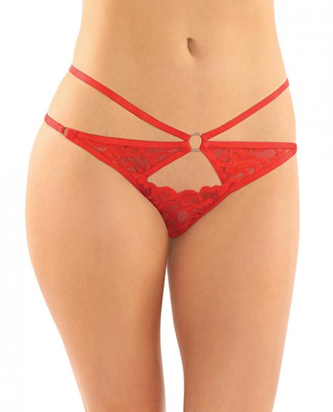 Jasmine Strappy Lace Thong W/front Keyhole Cut Out Red L/xl