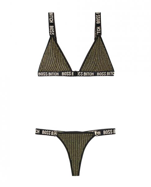 Vibes Boss Bitch Bralette & Thong Panty Black Gold S/M