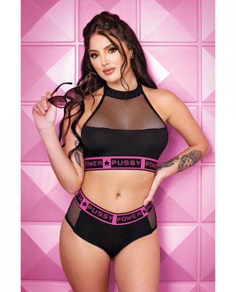 Vibes Pussy Power Micro-net Halter Top & Booty Short Black L/xl