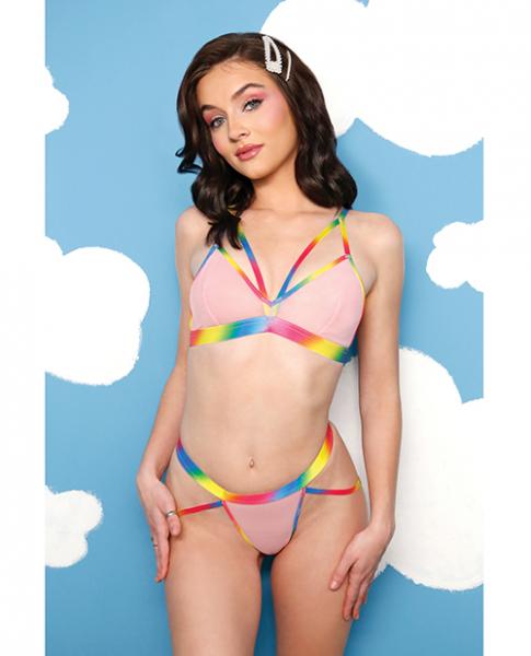 Vibes Make It Rain Caged Bralette & Panty W/booty Rainbow M/l