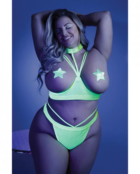 Glow Black Light Harness Open Shelf Bra & Cage Thong (pasties Not Included) Neon Lemon Qn