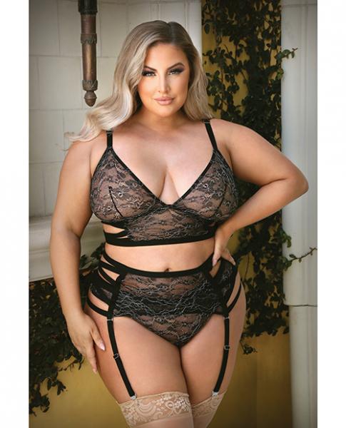 Tease Kelsey Criss Cross Metallic Lace Bralette, Garterbelt & Panty Black 1x/2x