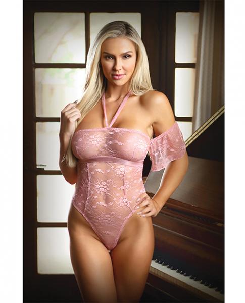 Tease Annabelle Halter Tie Stretch Lace Bodysuit W/snap Crotch Rose Pink L/xl