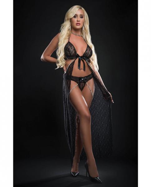 Cut Out Open Front Flyaway Night Gown W/pearl Chains & Panty Black O/s