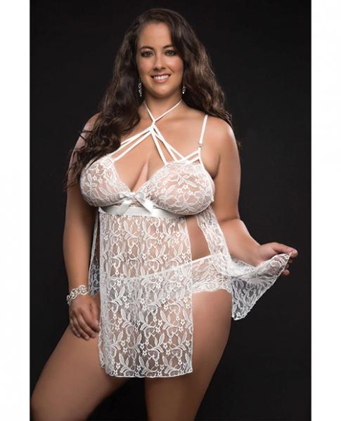 Lace Halter Babydoll W/lace Panty White Qn