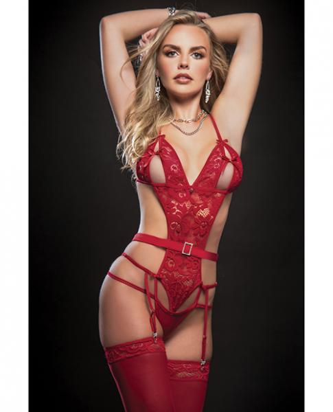 Strappy Garter Teddy W/keyhole Cups & Stockings Red O/s