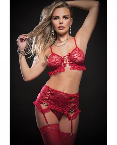 Laced Bra, Garter Skirt, Thong & Stockings Red O/s