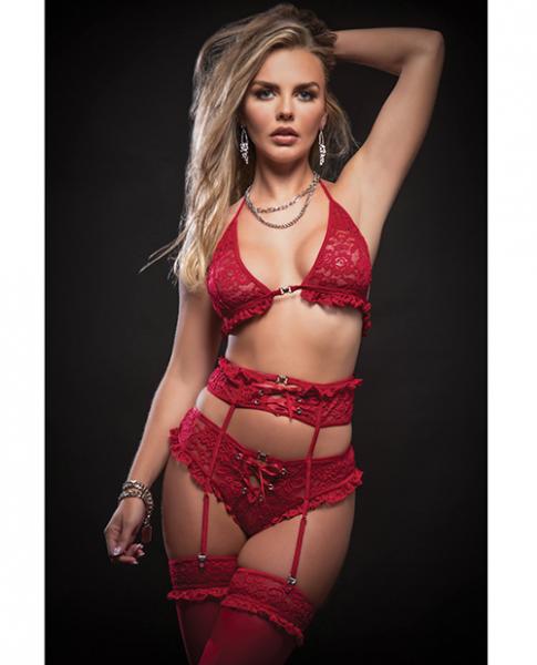 Lace Halter Bra, Lace Up Panties W/built In Garter Belt & Stockings Red O/s