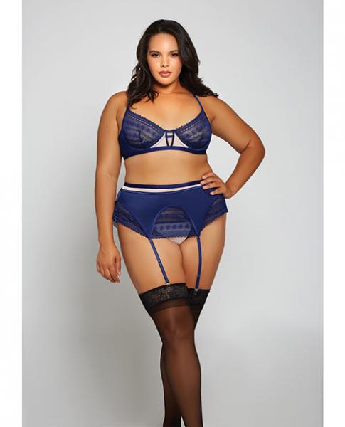 Geometric Lace W/matte Microfiber Bra, Garter Belt & G-string Navy/beige 1x