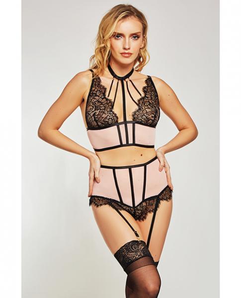 Estrella Lace & Stretch Sateen Bra & Garter Set Pink/black Lg