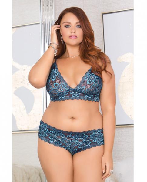 Lace Bralette Adjustable Straps & Panty Blue 1X