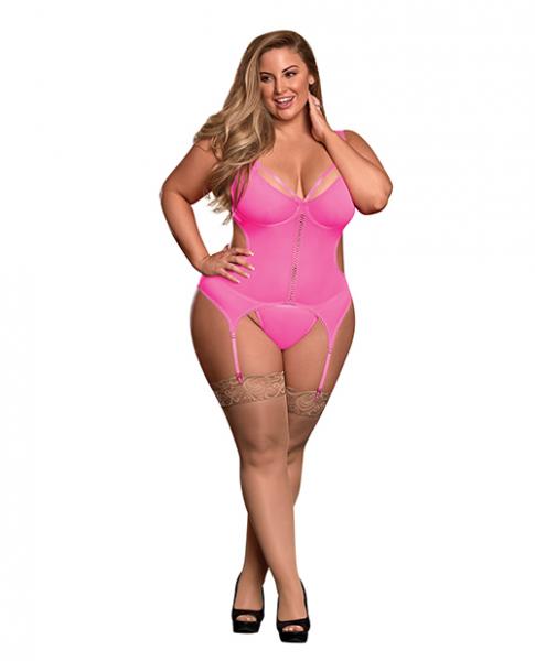 Sheer Mesh Merry Widow & Crotchless G-string Pink Qn